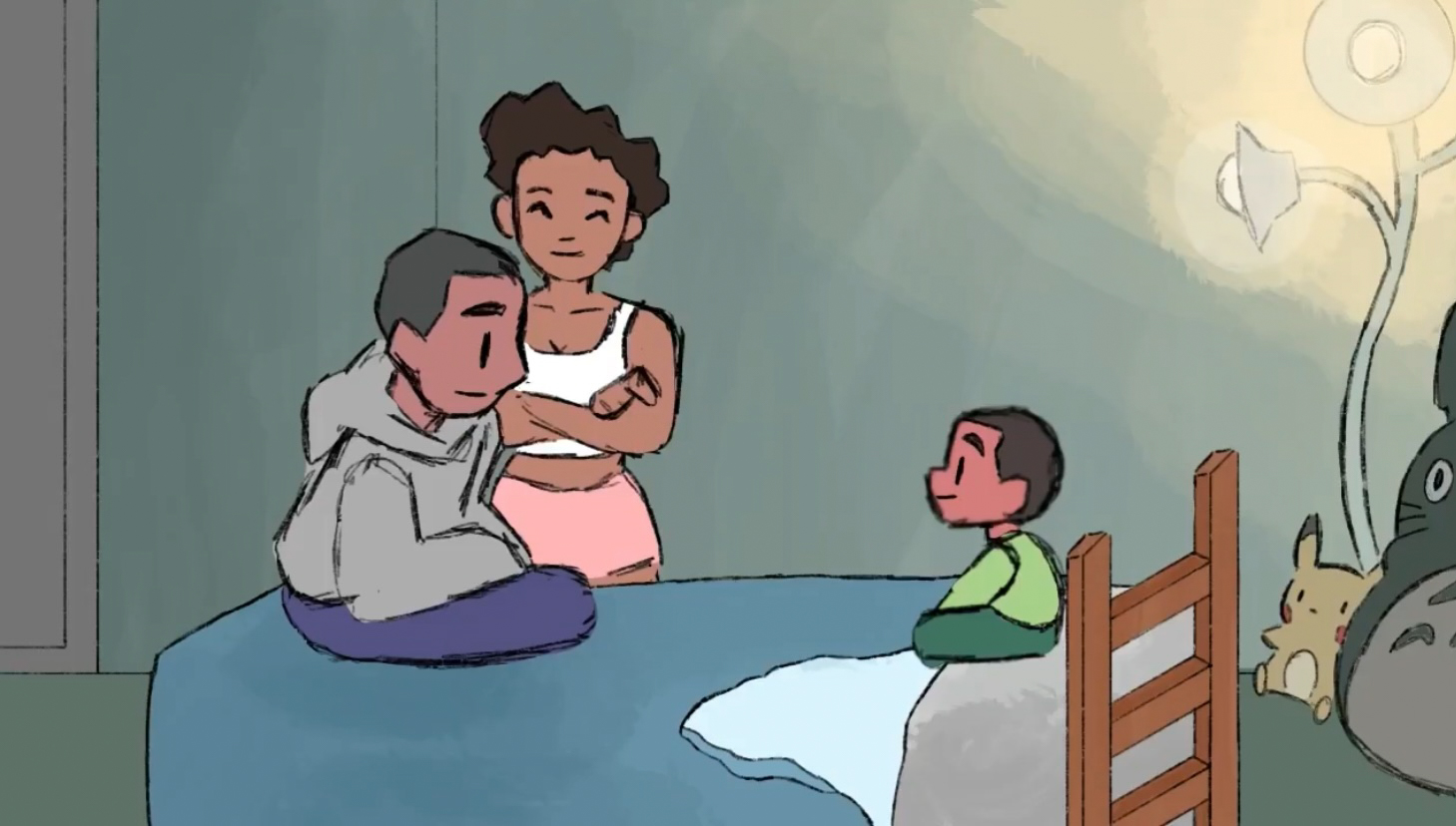 A cartoon illustration of a young boy on a bed with his parents talking to him.